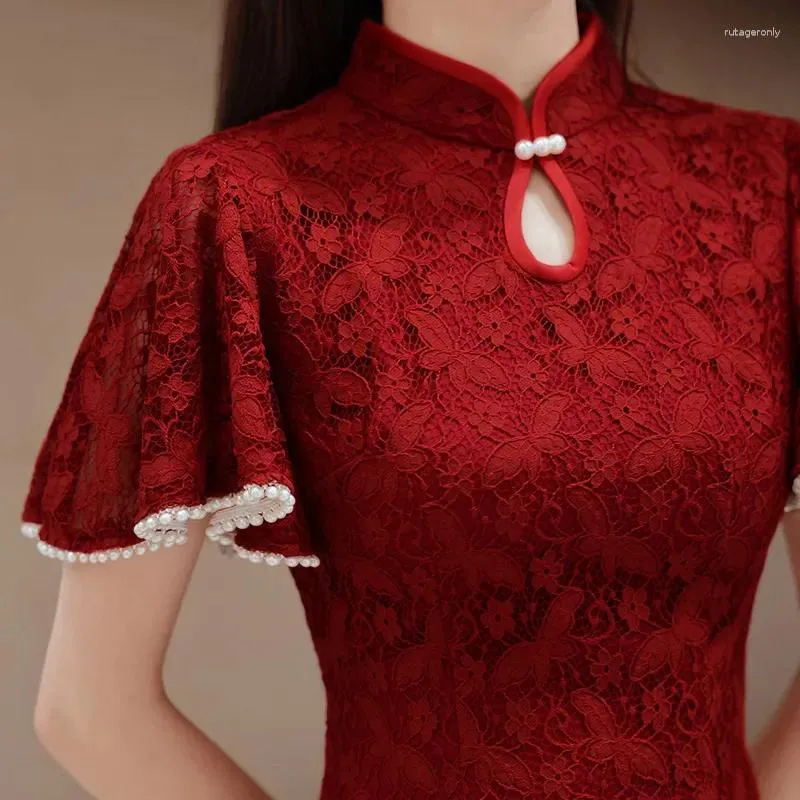 Этническая одежда, красный Cheongsam, китайское женское кружевное длинное кипао, традиционное платье для свадебной вечеринки, вечернее платье, одежда