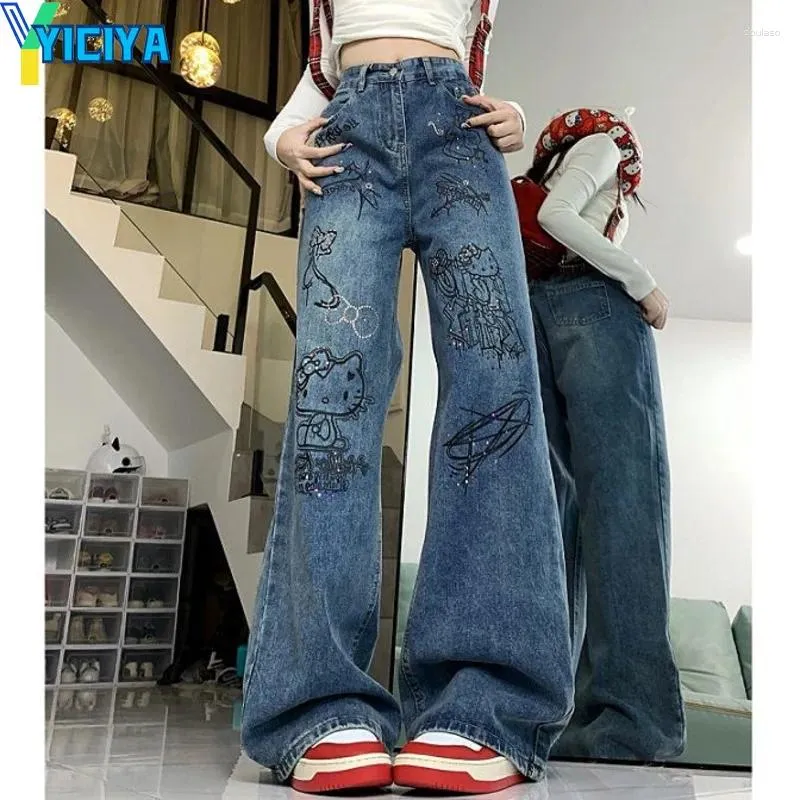 Dżinsy damskie Yiciya Y2K Style Blue KT Women Streetwear Pełna długość workowate spodnie dżinsowe proste spodnie estetyczne ubranie spodni 2024