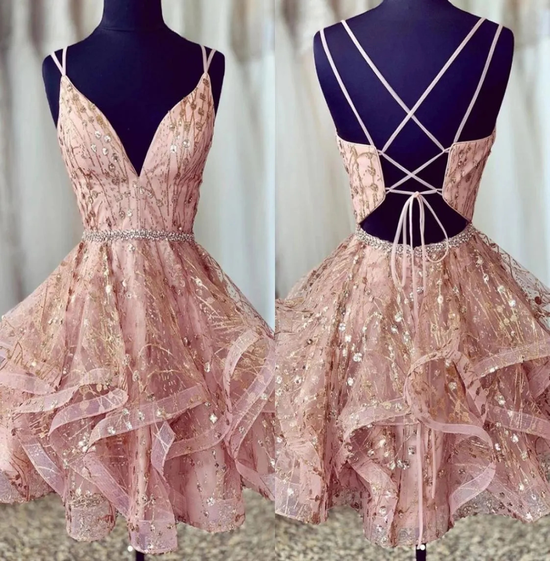 2023 Bling Rose Pink Short Prom Homecoming Sukienki Ruffle Vneck Crystal z koralikami szarfy