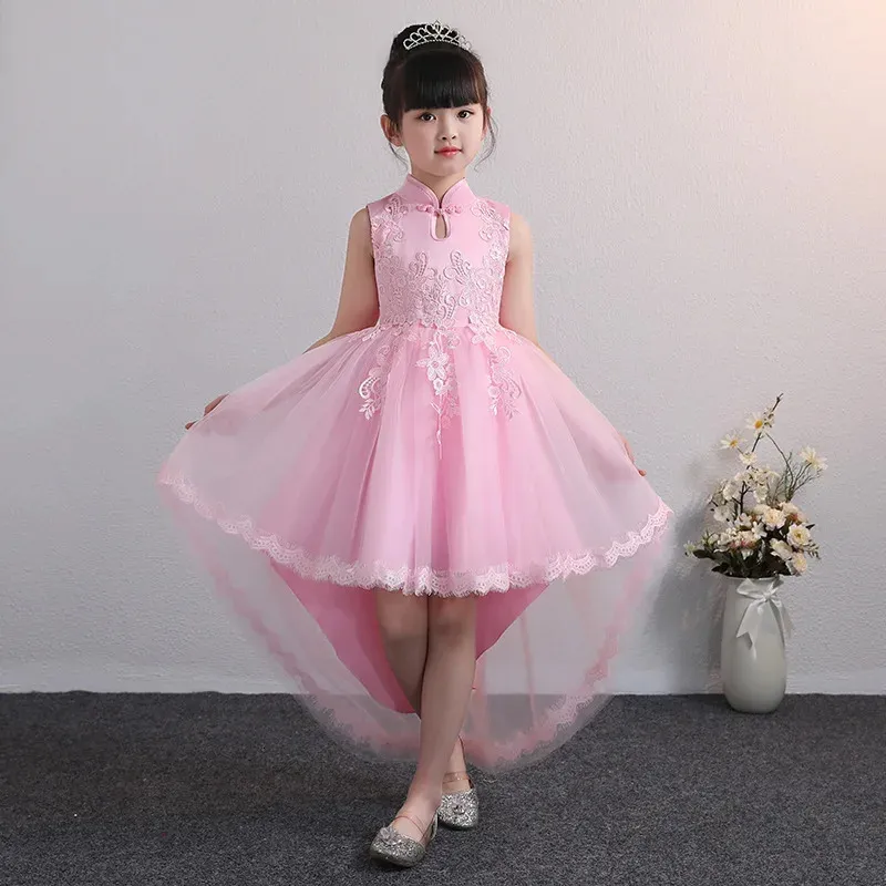 Summer Pink Blue White Kids Dress For 312yrs Old Girls Wedding Party Tailing Tulle Elegant Princess Sleeveless Childrens 240228