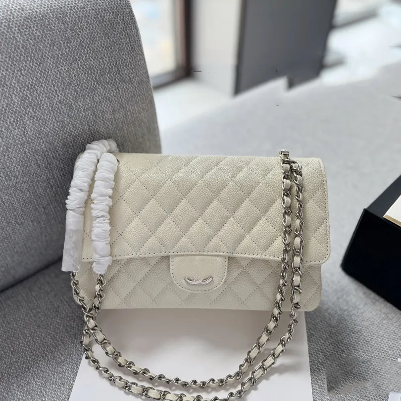 Ladies Classic White Double Flap Calfskin Quilted Bags Caviar Leather SHW Turn Lock Crossbody Shoulder Handbags Back Pouch Large Capacity Outdoor Sac Purse 25x16CM