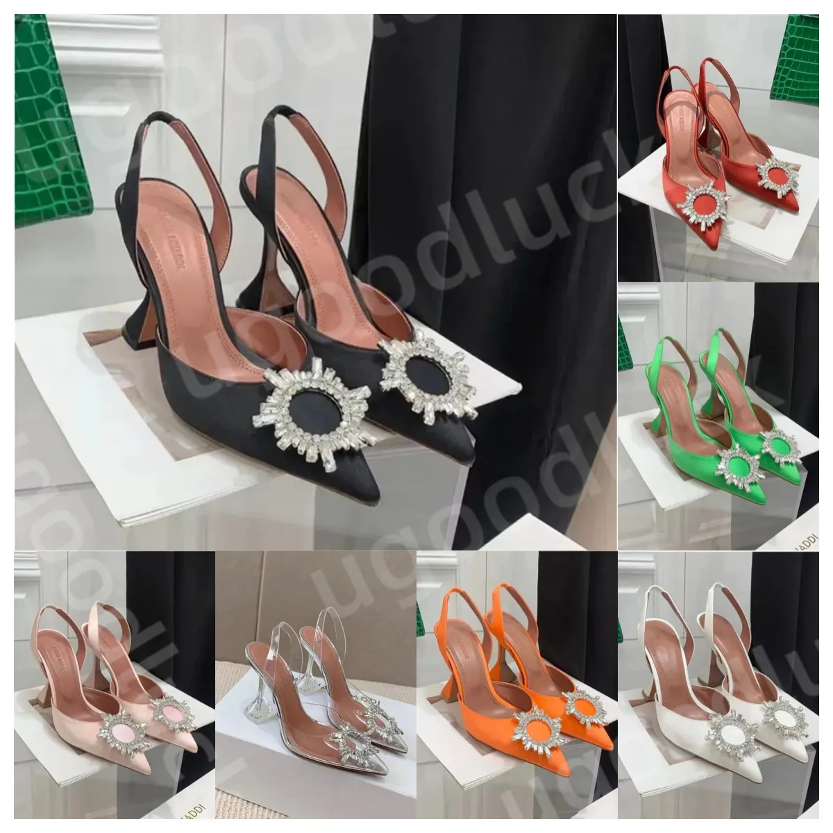 Amina Muaddi Baotou Sandalen High Heels Neue Sommer sexy Satin-Sonnenblumen-Einzelschuh-Strass-Absätze