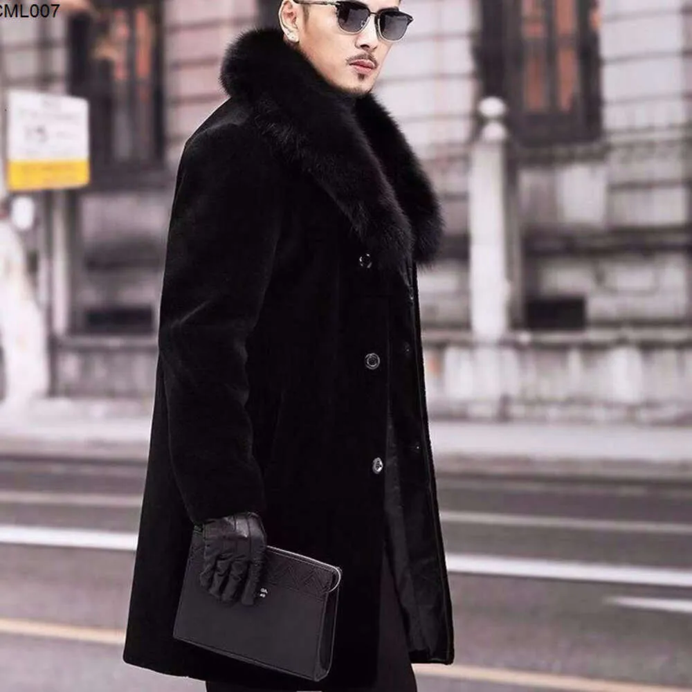 Manteau d'hiver en fausse fourrure pour hommes, longueur moyenne, grand col, Faux vison avec coton et tenue épaisse