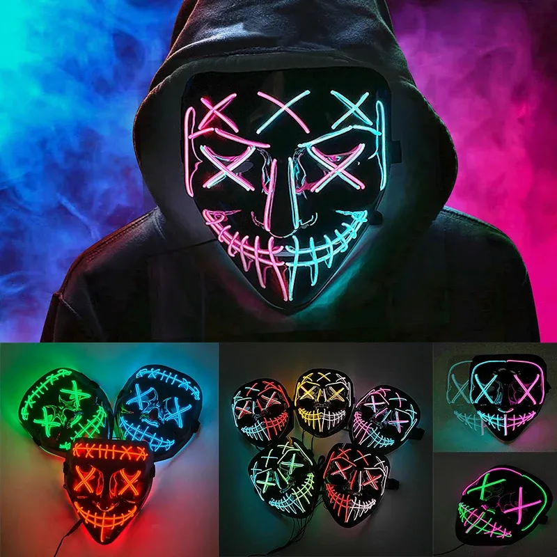 Masks Glowing Cosplay EL Wire neon Mask Scary Skull Masquerade Luminous Carnival Festive Party Supplies LED Purge Mask For Halloween