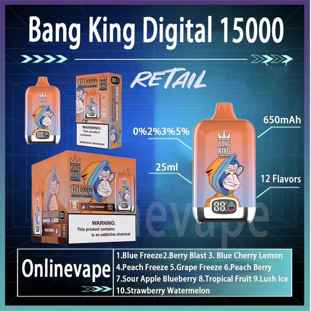 Оригинальный комплект устройств для сигарет Bang King Digital 15000 Smart Screen Puff, перезаряжаемая батарея 650 мАч, предварительно заряженная батарея 25 мл, 10 вкусов, ручка для вейпа