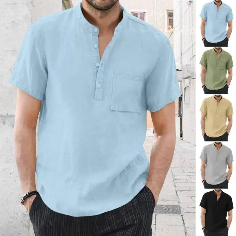 Mäns casual skjortor stil män topp stand-up krage skjorta snygg sommar med stativ bröstficka affärspendling för
