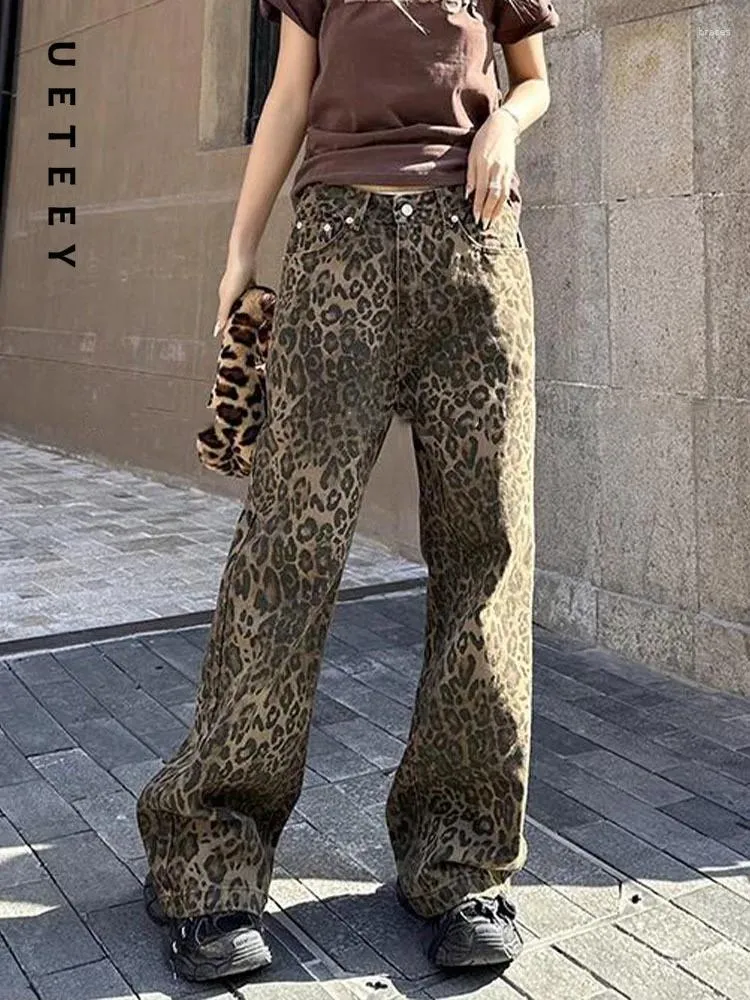 Damenjeans UETEEY Leopard High Waisted Wide Leg Baggy Pants Streetwear Hosen Y2k Mode 2024 Vintage Loose Denim Mom Jean