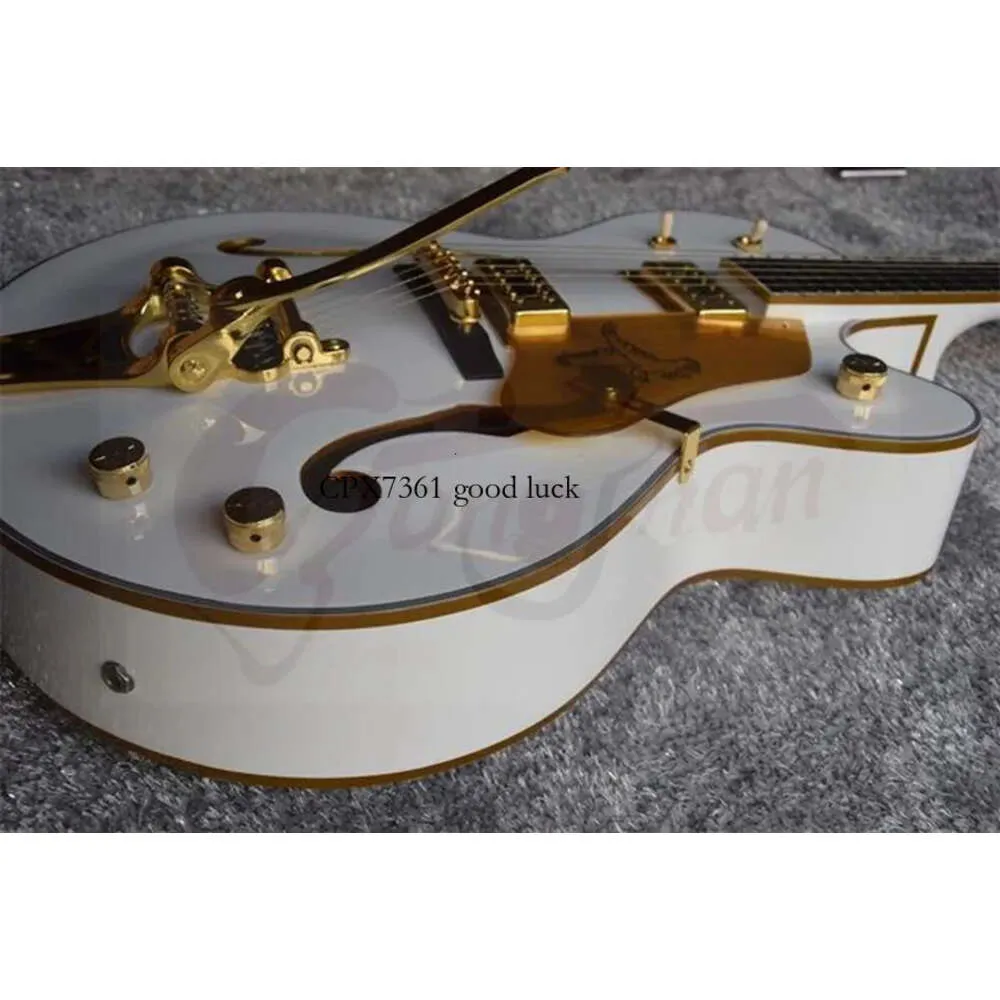White Falcon Hollow Jazz Electric Guitar Real G Knobs Imperial Tuners Gold Sparkle Body Binding Double F Hole Tremolo
