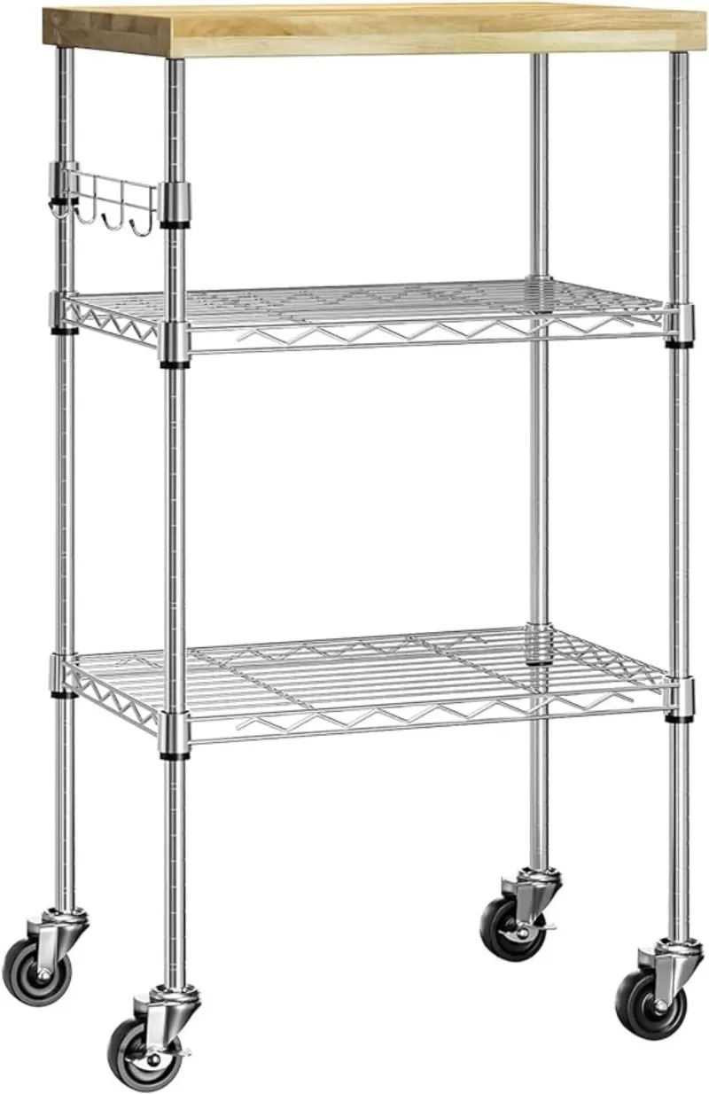 Carro de rodillos de 3 niveles para almacenamiento de cocina con ruedas, estante para microondas, ganchos de alambre ajustables y tapa de madera