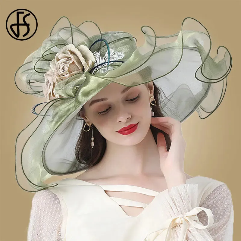 FS Tocado de flores para mujer, sombrero de sol de Organza para boda, ala ancha, sombreros de fieltro grandes elegantes para mujer 240226