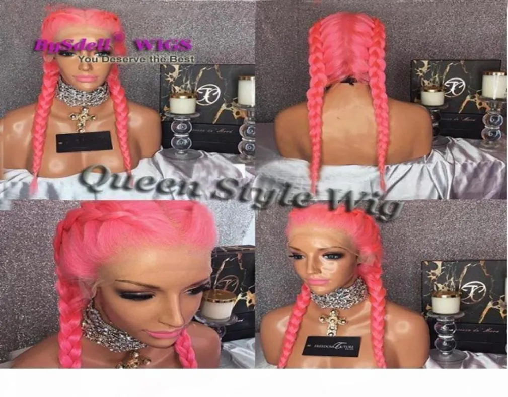 Na moda duplo holandês trança penteado peruca tranças duplas peruca dianteira do laço peruca cheia do laço sintético rosa cabelo trançado perucas de renda para mulher 838811856