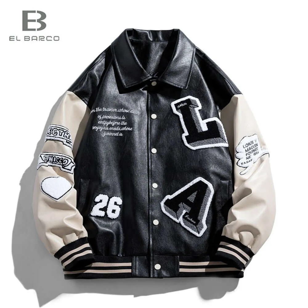 EL BARCO Gros Cuir Col Rabattu Lettre Épissée Patchs Broderie Noir Hommes Personnalisé Letterman Baseball Varsity Veste 17 homme