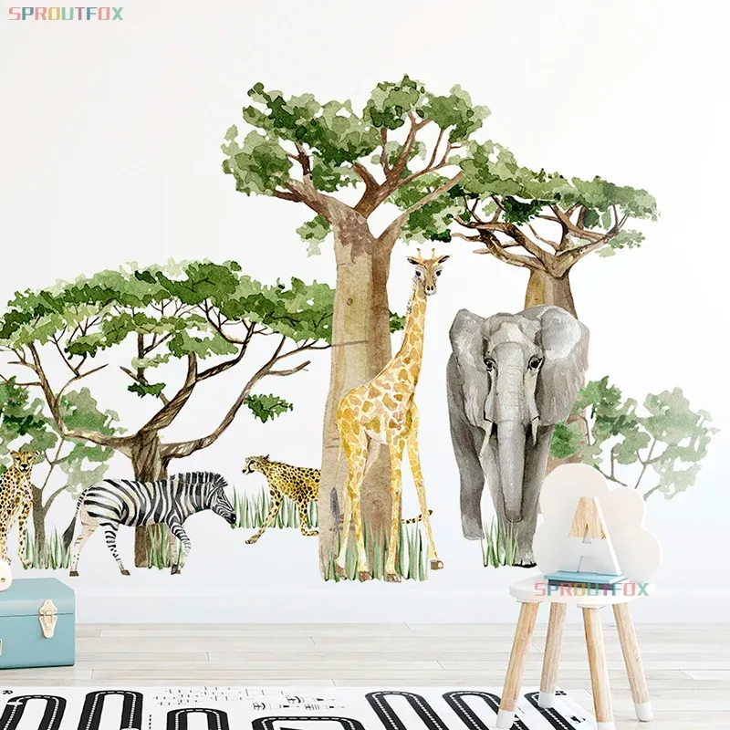 Stickers Large Animal Elephant Giraffe Zebra Leopard Wall Stickers for Kid Rooms Baby Boys Bedroom Big Tree Green Forest Animals Decal