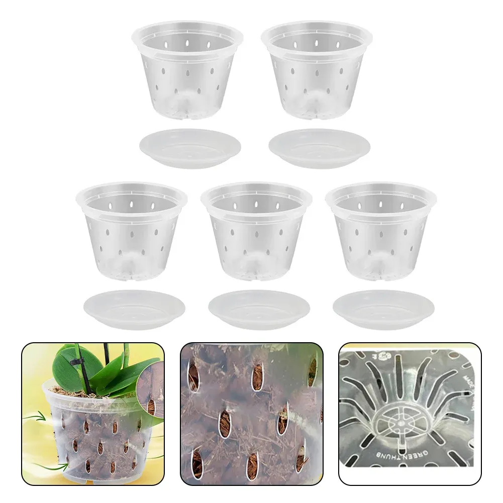 Cestas 5 pcs Transparente Potenciômetro de Orquídea com Buracos Bandeja Controle de Raiz Malha Pot Plantadores Planta Berçário Potes Recipiente Jardim Suprimentos