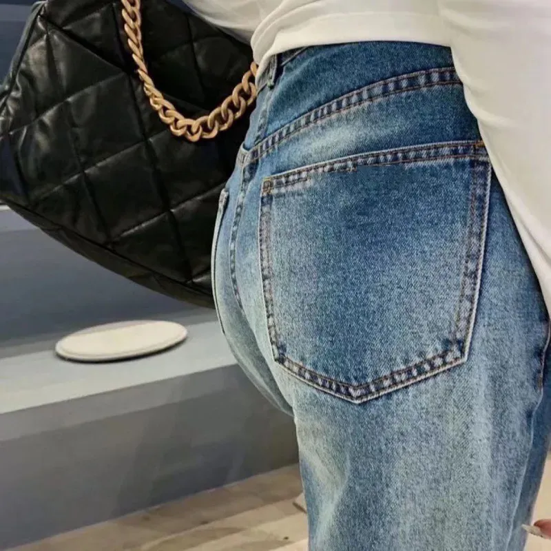 Jeans de designer feminino nova cintura carta fita cintura alta em linha reta barril jeans para mulher