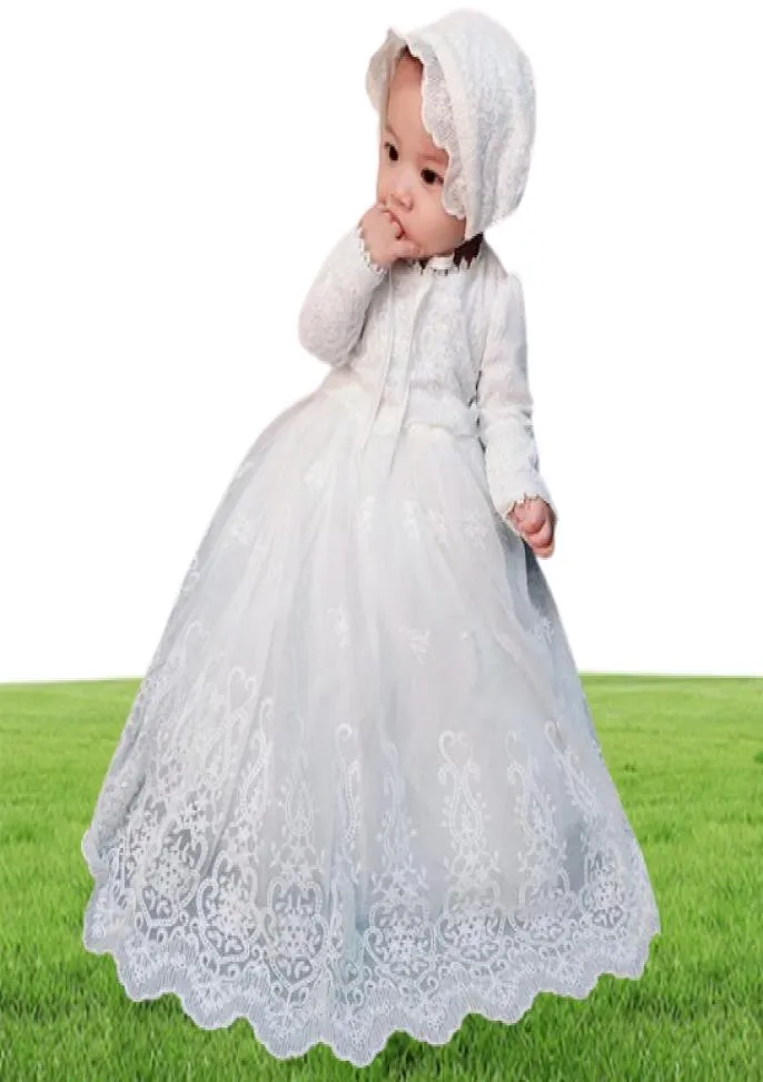 Bebek kızlar beyaz vaftiz elbisesi bebe uzun kollu doğum günü nakış vintage elbise örgü vaftiz elbisesi yenidoğan için şapka ile 12m f7907960