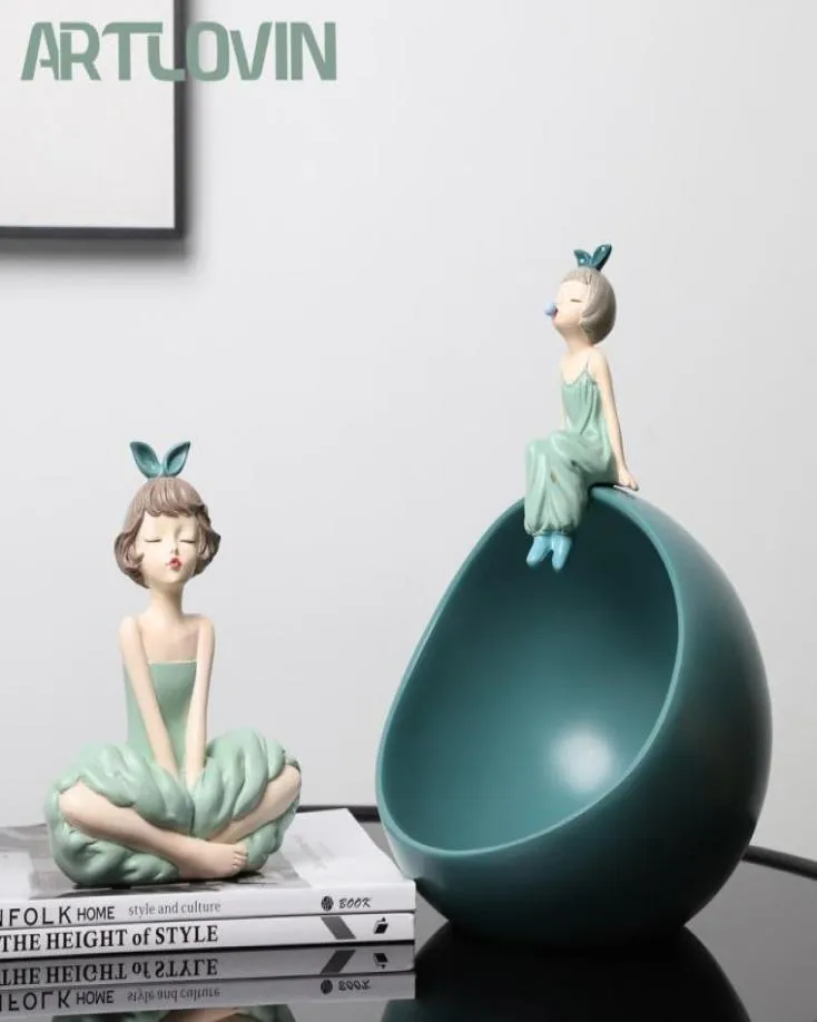 ARTLOVIN Modern Bowknot Girl Figurines Nordic Character Figures Round Ball Storage Box Bubble Gum Girls Sculpture Green Color 21038316251