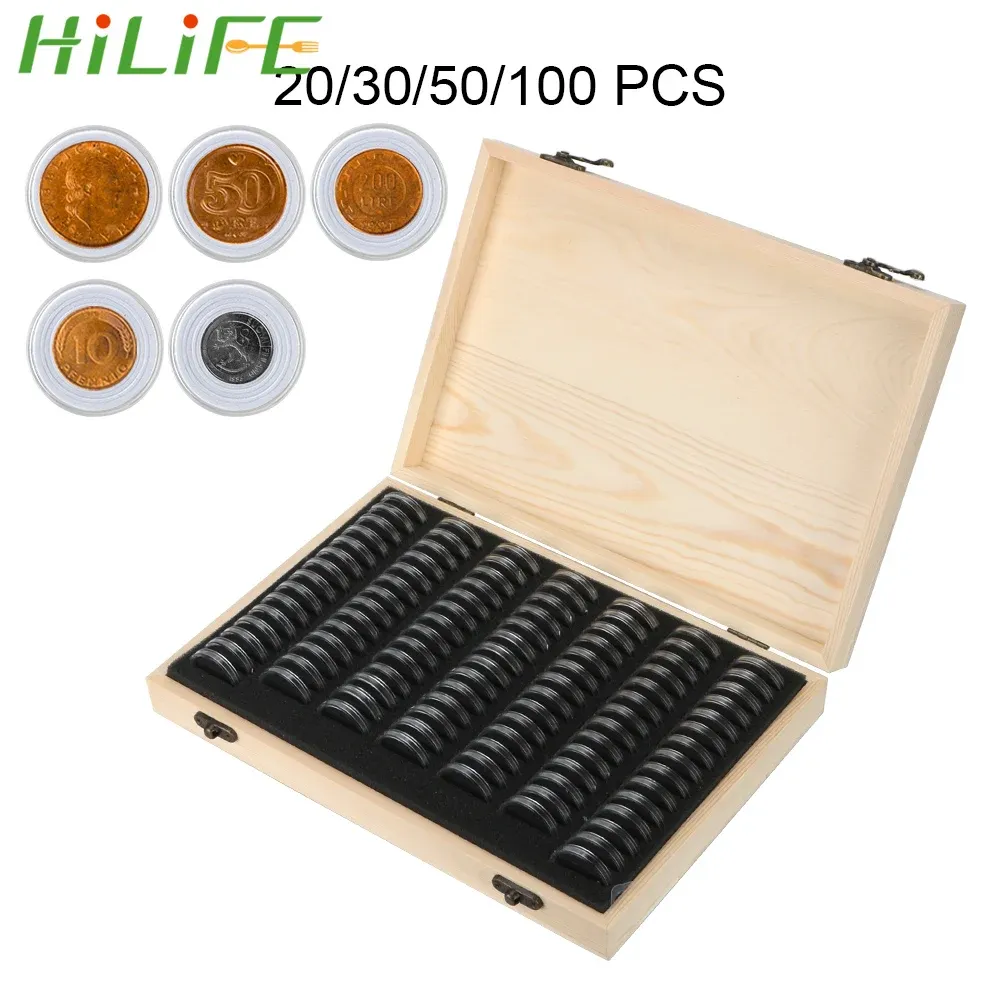 Bins Hilife Coin Box с регулируемой площадкой 20/30/50/100 1,00pcs Регулируемые деревянные капсулы для сбора монет.