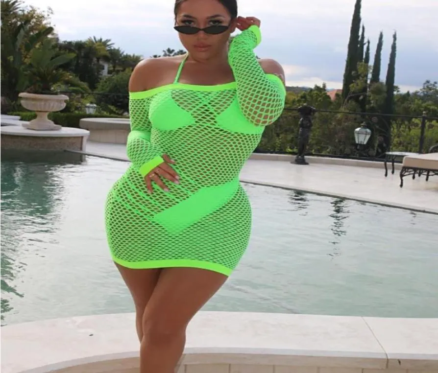 BKLD Bodycon Mini Dress Plus Size Clothing 2020 Summer New Arrival Neon Green Dress Mesh Seethrough Off Shoulder Women Dresses7234759