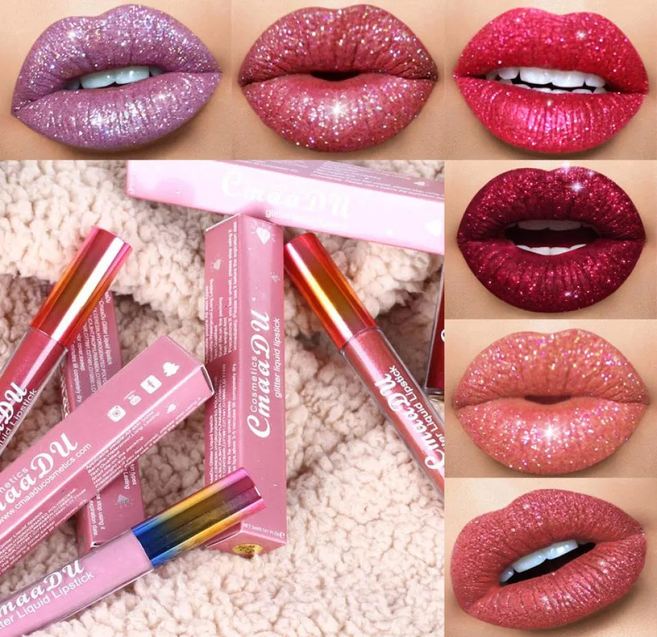 Cmaadu Glitter Flip Lip Gloss Бархатный матовый оттенок 6 цветов Водостойкая долговечная жидкая помада с блестками и блестками2636407