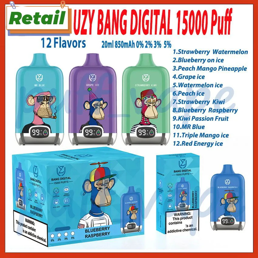 Retail UZY Bang Digital 15000 Bladerdeeg Wegwerp elektronische sigaret 0% 2% 3% 5% Niveau 20 ml Voorgevulde 850 mah oplaadbare batterij 12 smaken Rookwolken 15k Vape-pen