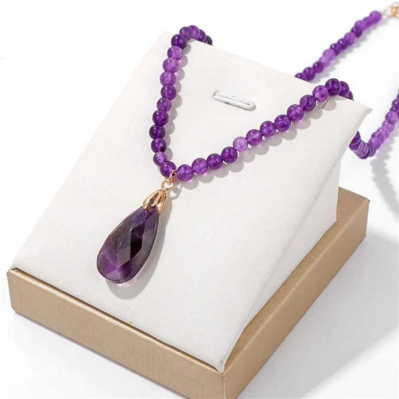 Pendentif Colliers Améthystes naturelles Collier de perles de pierre Big Goutte d'eau Pendentif Violet Gem Cristal Collier Bijoux Cadeau pour Femmes Filles