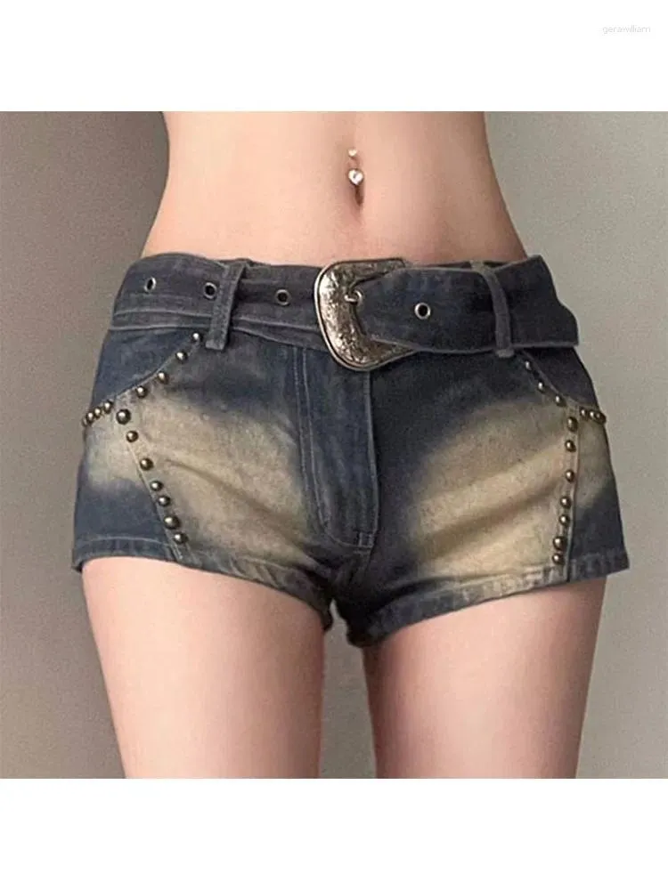 Damen-Shorts, Damen-All-Match-Design, Jean, Clubwear, High-Street-Hosen, Denim, Gyaru-Ästhetik, mit Gürtel, Batikfärbung, altes Geld