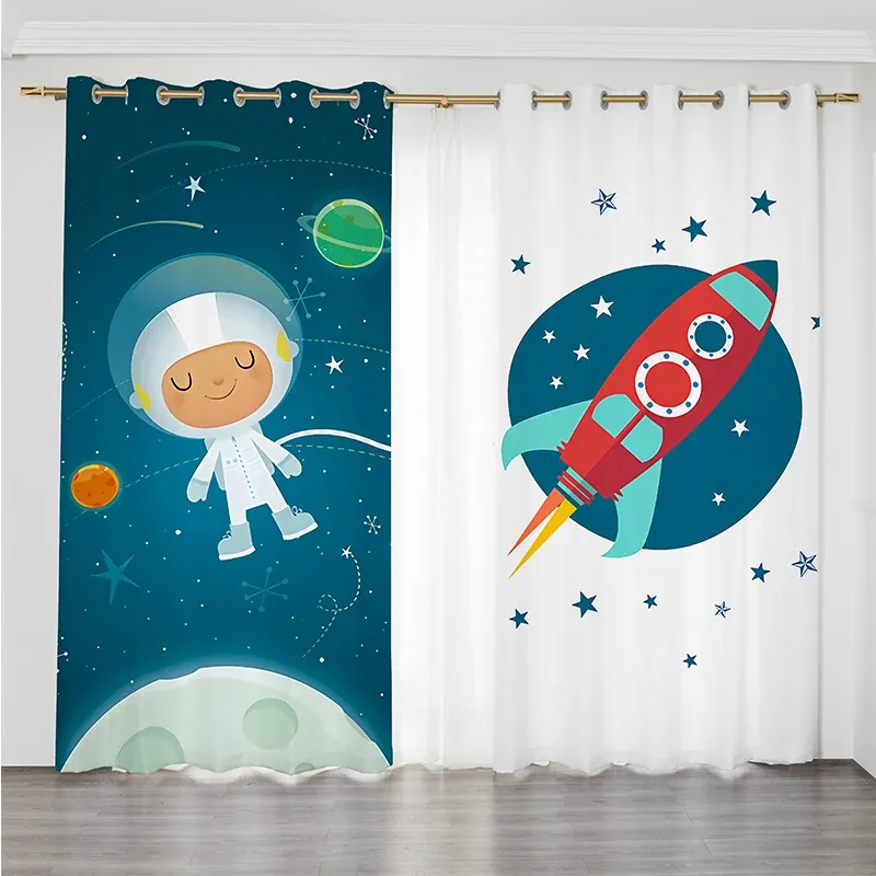 Zasłony Niestandardowe nordyckie minimalistyczna przestrzeń astronauta planeta chłopiec dziecięcy sypialnia sypialnia zasłona uderzona kreskówka cienki zasłona zaciemnienie 2 szt.