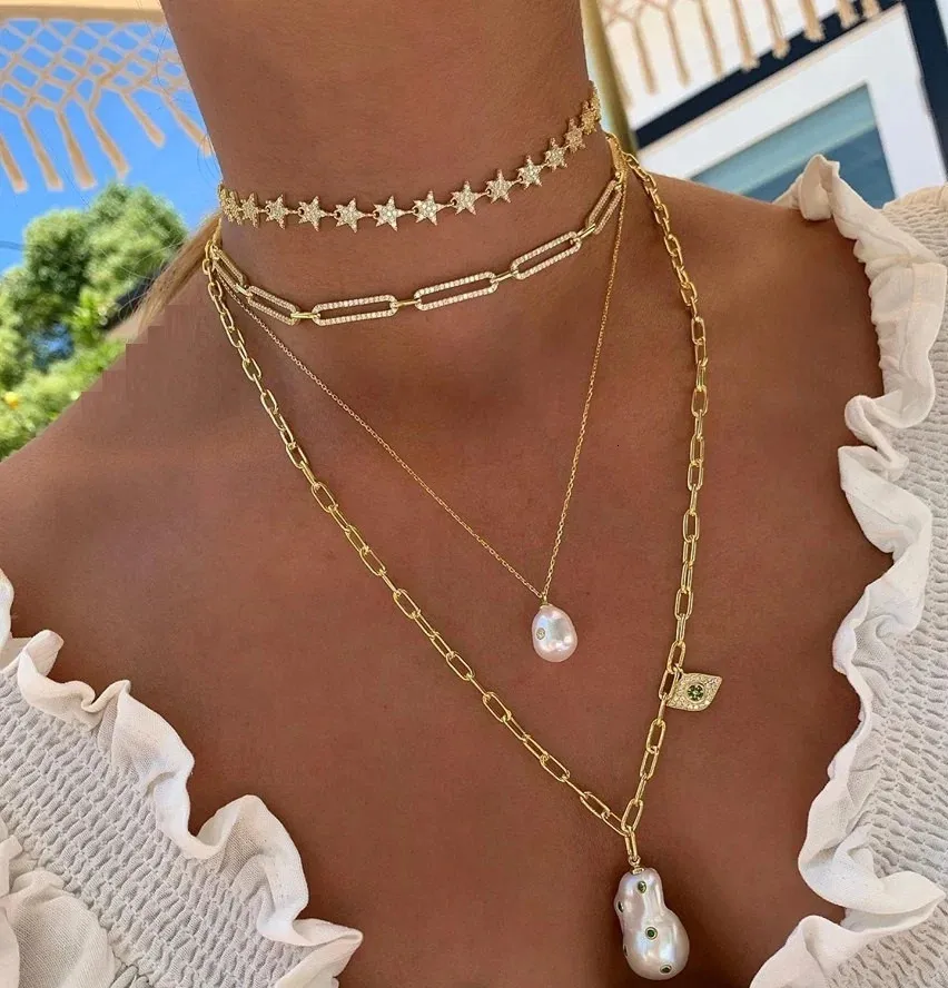 Gold Color Fashion Micro Pave CZ Safety Pin Link Chain Choker Halsband för kvinnor Classic Luxury Jewelry Christmas Gifts 240311