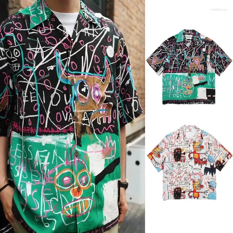 Casual overhemden voor heren Zwart Wit WACKO MARIA Hawaii Strandoverhemd Kleur Graffiti Afdrukken Heren Dames Kwaliteit Korte mouw