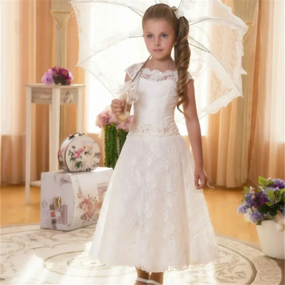 Красивые белые кружевные платья с цветочным узором для девочек на свадьбу, чайная длина, платье подружки невесты, выпускного вечера, детское платье для Святого Причастия 240309