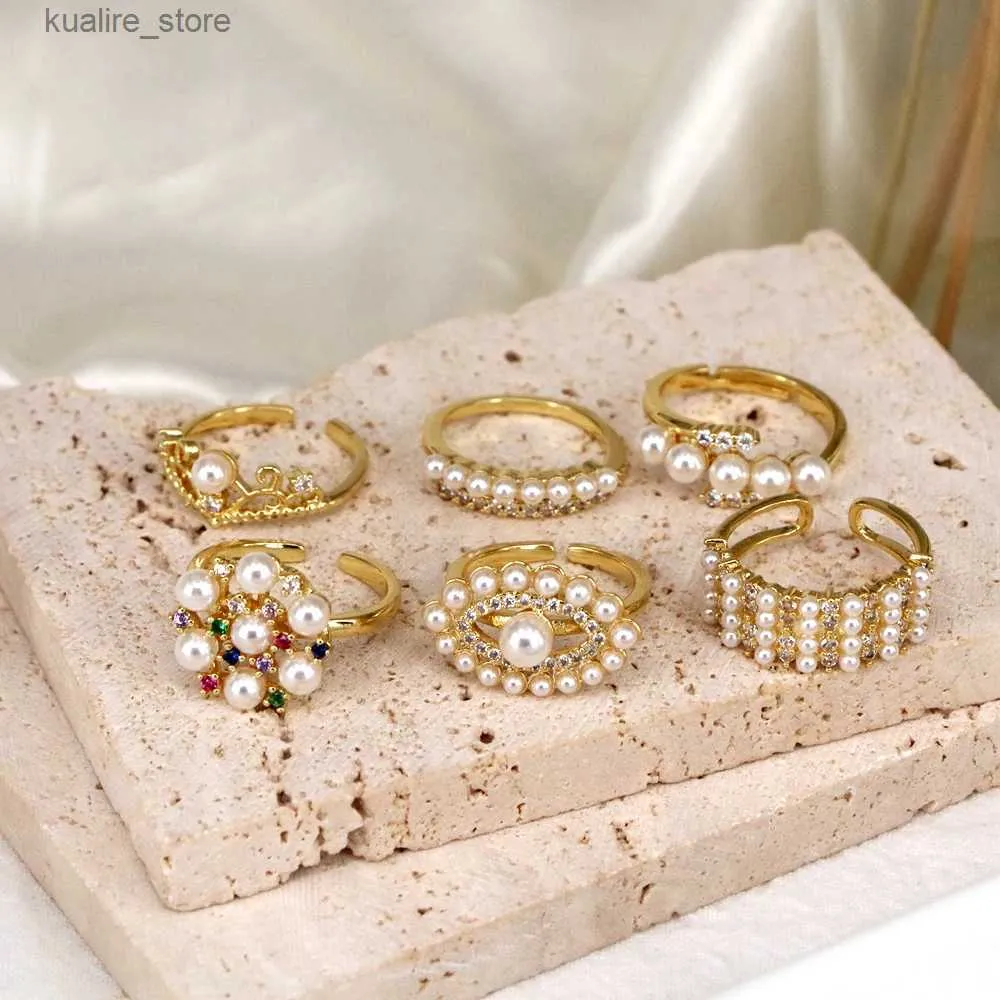 Pierścienie klastra 5PCS 2023 NOWOŚĆ eleganckie okrągłe pierścionki Pearl Shell For Ladies Fashion Copper 18K Złota Pierścień Złotą Biżuteria ślubna L240315