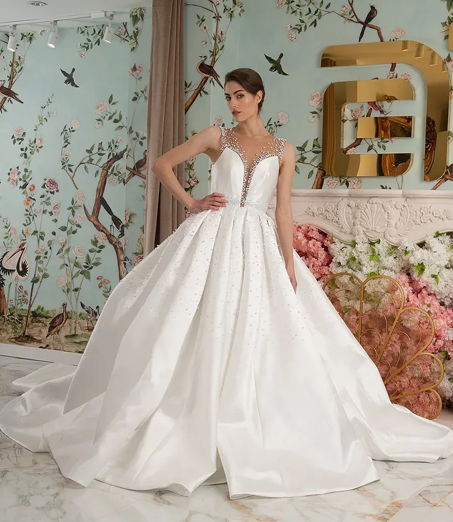 V Neck Ball Gown Wedding Dresses, Satin A Line White Bridal Gown