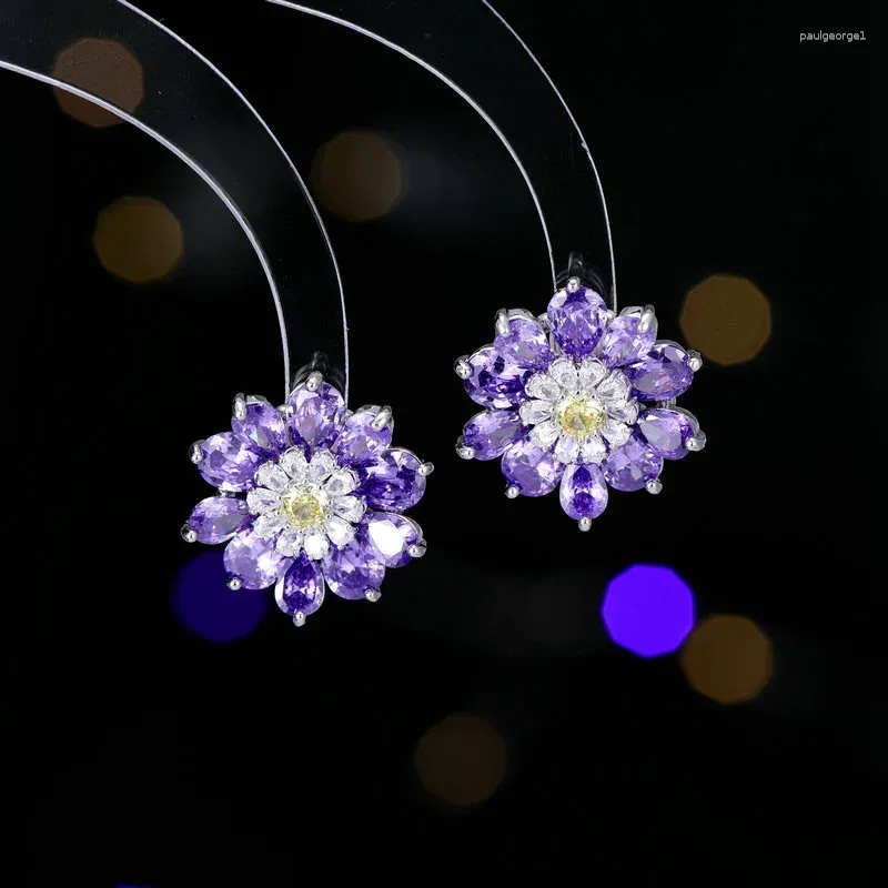 Boucles d'oreilles à tige, joli cercle à deux niveaux, fleur violette lalique, pour femmes et filles, à porter au quotidien