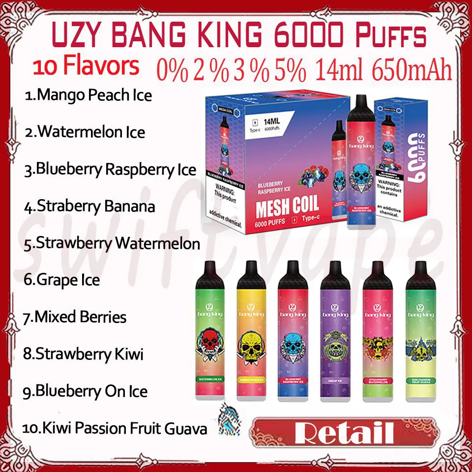 Vente au détail UZY BANG KING 6000 Puff jetable E cigarette 1100mAh batterie rechargeable 10 saveurs 14ml 0% 2% 3% 5% RGB Glow 6k Puffs Vapes Pen