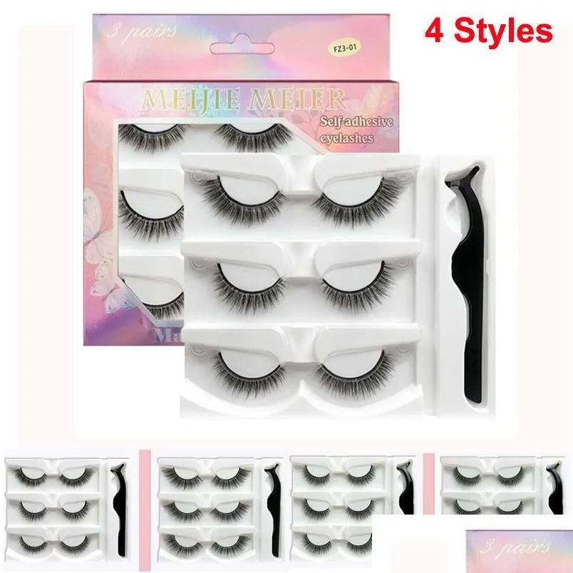 False Eyelashes Makeup 3D Self Adhesive Lashes 3 Pairs Fake Eyelash With Tweezer Extension Handmade Lash Soft Comfortable Thick Cros Dhw2X