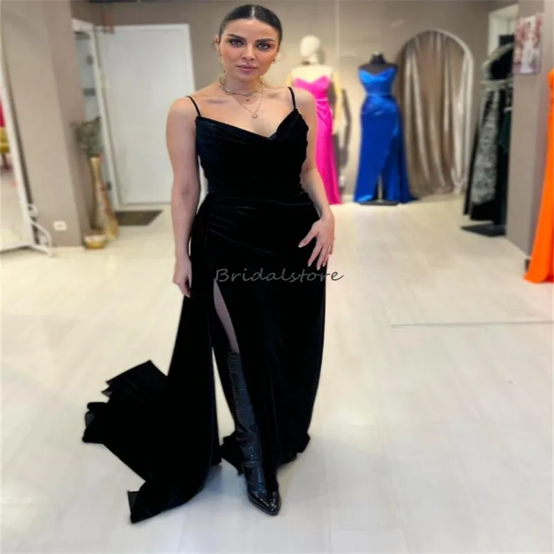 Elegant Black Velvet Prom Dresses With Slit Sexy Spaghetti Straps