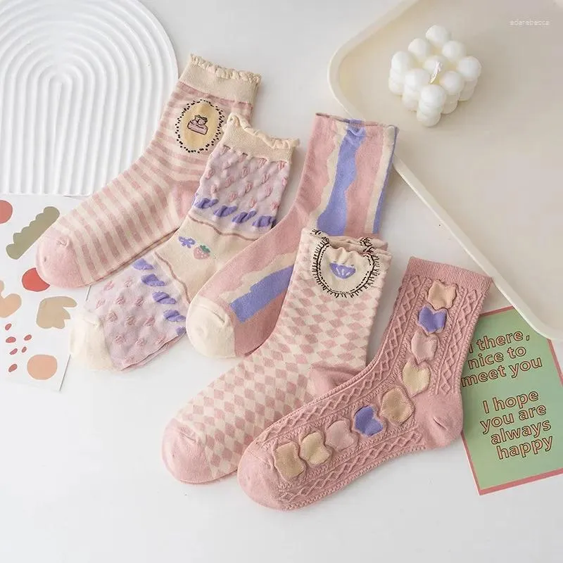 Women Socks Pink Autumn Winter Fashion Plaid Elastic Long JK Japanese Style Sweet Girls Kawaii Cute Striped Ruffles