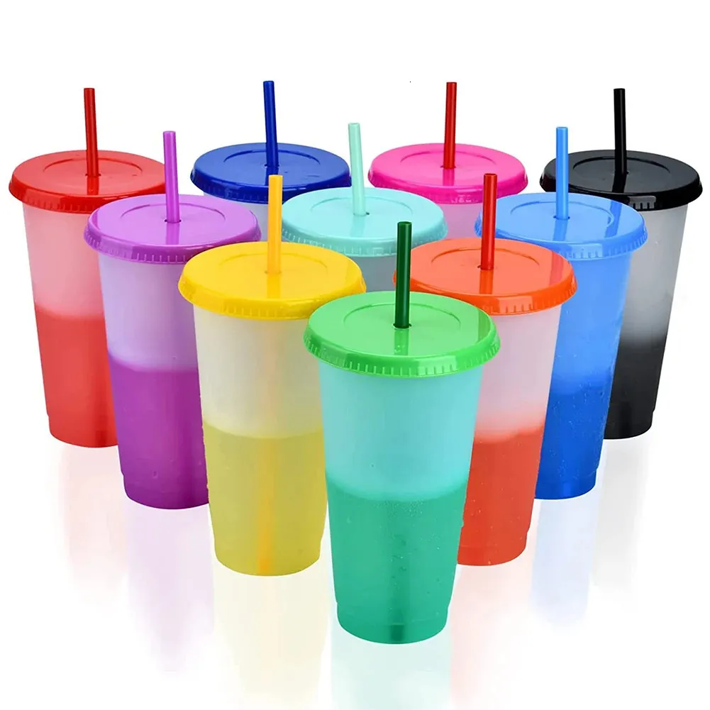 10pcs 710ml 재사용 가능한 블랭크 플라스틱 컵 콜드 컵 색깔 컵 색깔 컵 밀짚 컵 플라스틱 텀블러와 뚜껑 24oz 240315