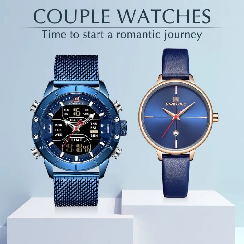 Couple montres NAVIFORCE Top marque en acier inoxydable montre-bracelet à Quartz pour hommes et femmes mode horloge décontractée ensemble de cadeaux pour 270e
