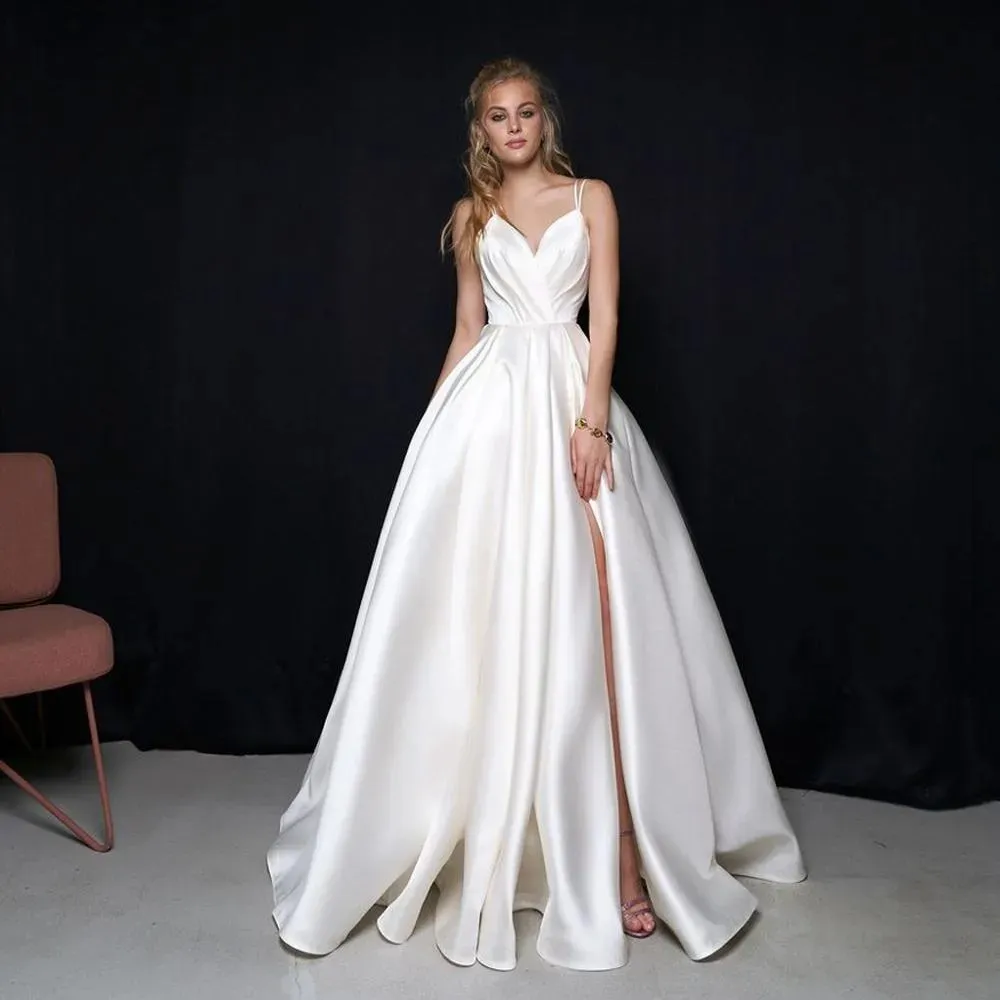 Satin Spaghetti Strap Wedding Dress, Elegant A Line... From Redwhitebliss,  $137.43 | DHgate.Com