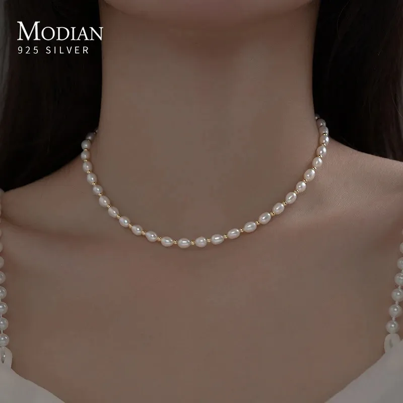 Modian real 925 prata esterlina natural de água doce pérola charme colar gargantilha curto corrente colar jóias acessórios casamento 240305