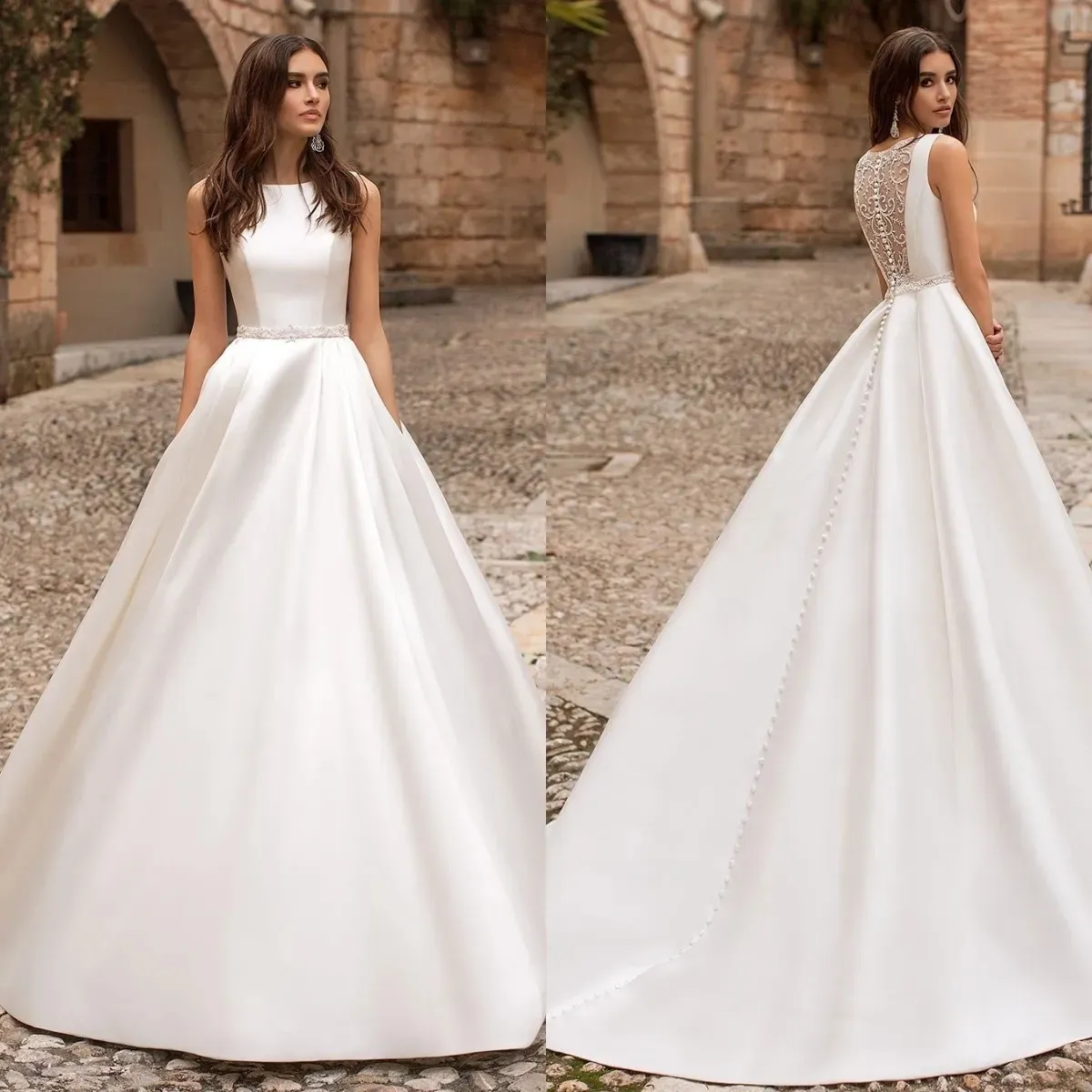 A Line Fashion Dresses for Bride BATEAU Sleeveless Satin Wedding Abbigliamento Bulling Designer Bridal Gowns Sweep Train YD