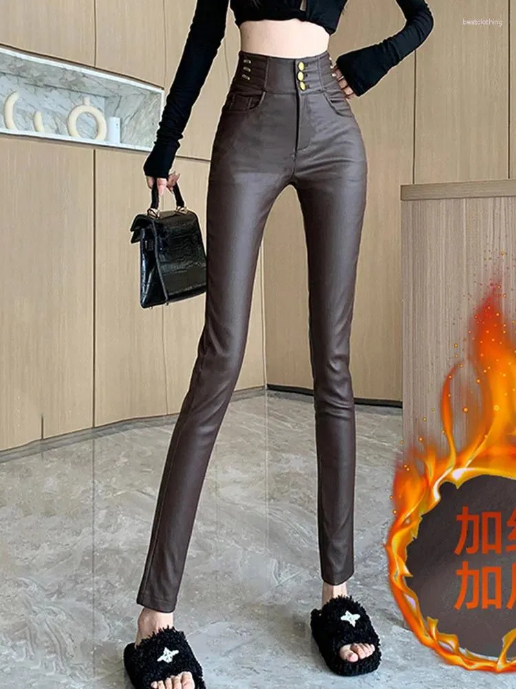 Pantaloni da donna Pantaloni slim in pelle classici con cerniera solida per donna inverno 2024 Matita nera attillata in PU finto