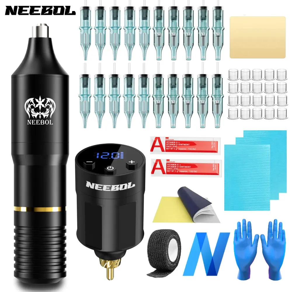 23254PCS Neebol Wireless Tattoo Kit Komplett Secant Fog Machine med 1300mAh LED -trådlös strömförsörjning 240311