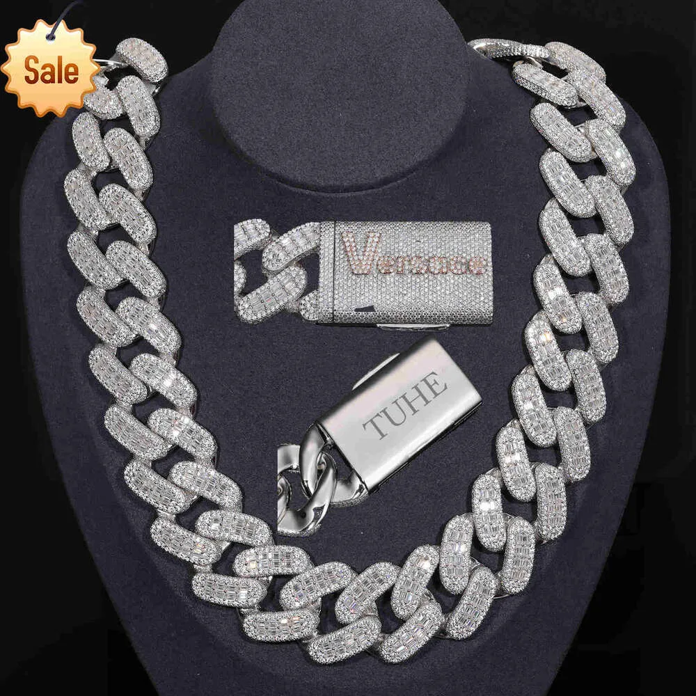 Factory Custom 25mm 925 Sterling Sier 2 Rows VVS Baguette Moissanite Diamond Iced Out Cuban Link Chain Halsband