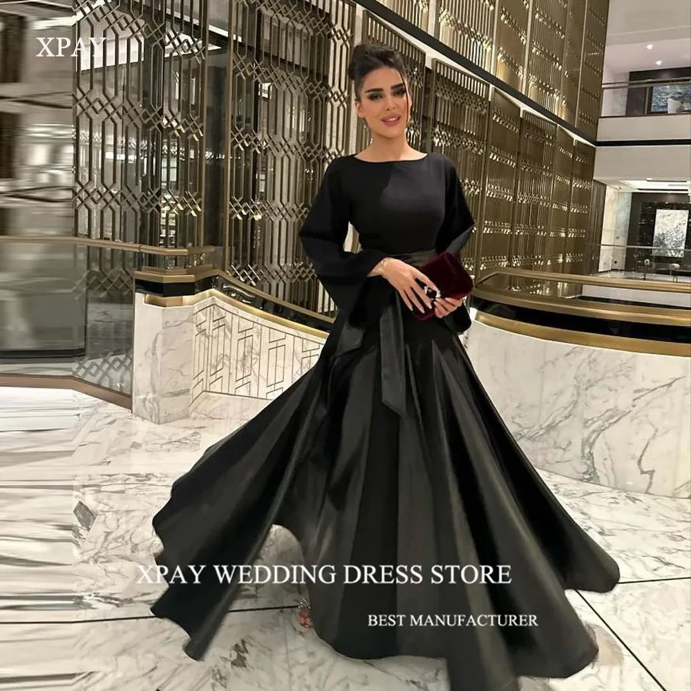 XPAY Simple Black Evening Dresses Saudi Arabic Women Long Sleeves ONeck Dubai Prom Gowns Formal Party Night Event Dress 240402