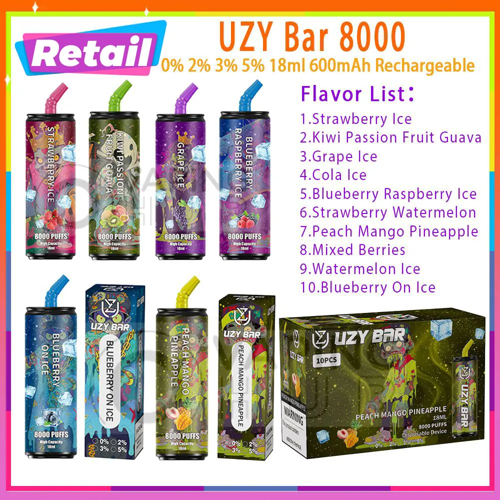 Detailhandel UZY Bar 8000 Bladerdeeg Wegwerp E-sigaretten 1.0ohm Mesh Coil 18ml Pod Batterij Oplaadbare elektronische sigaretten 0% 2% 3% 5% 8k Rookwolken Vape