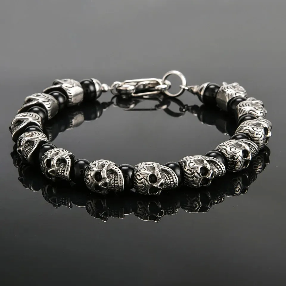 Punk Hip Hop Stainless Steel Skull Bracelet Biker Vintage Beads Bangles For Men Boys Fashion Creative Jewelry Gifts Drop 240305