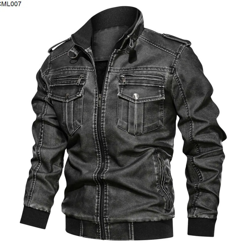 Autumn Washed Motorcycle Pu Leather Coat Large Loose Multi Pocket Mens